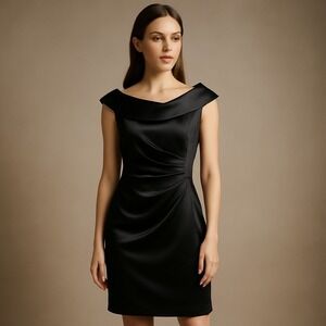 Calvin Klein Petite Black Satin Cocktail Dress Portrait Neckline Ruched 6P Party